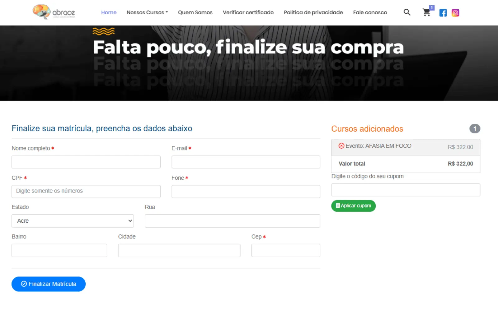 Jornada real de inscrição, pagamento e confirmação em evento da ABRACE