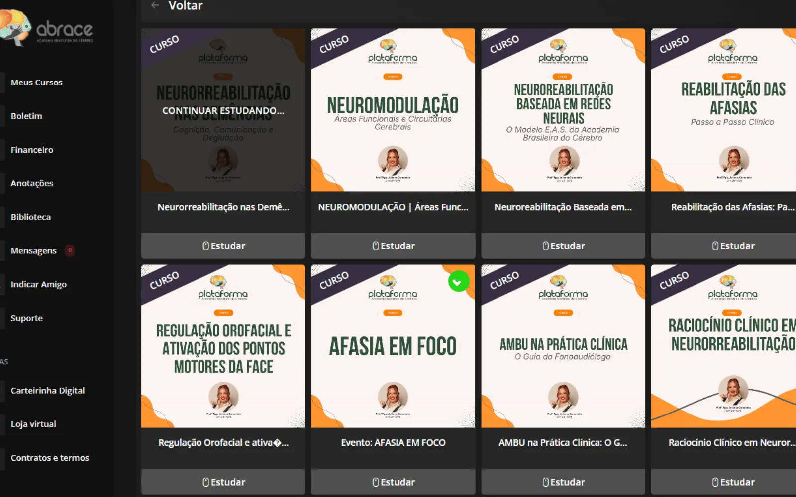 Captura real da plataforma educacional da ABRACE em setembro de 2026
